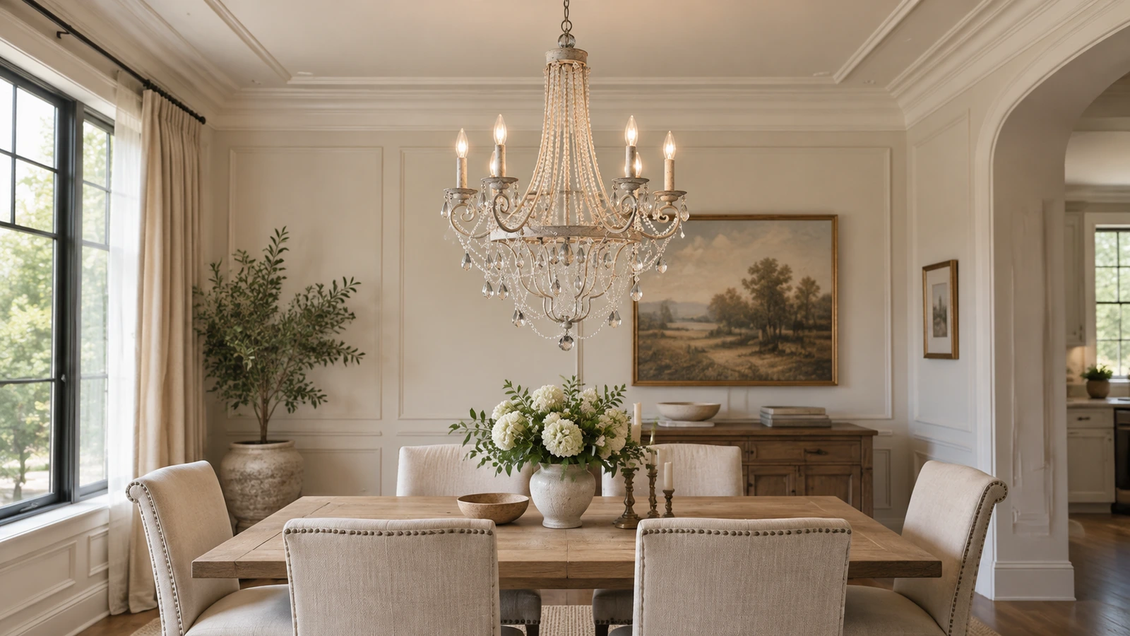 Lustre en cristal et fer forgé Maeve au-dessus d'une table à manger dans une maison résidentielle