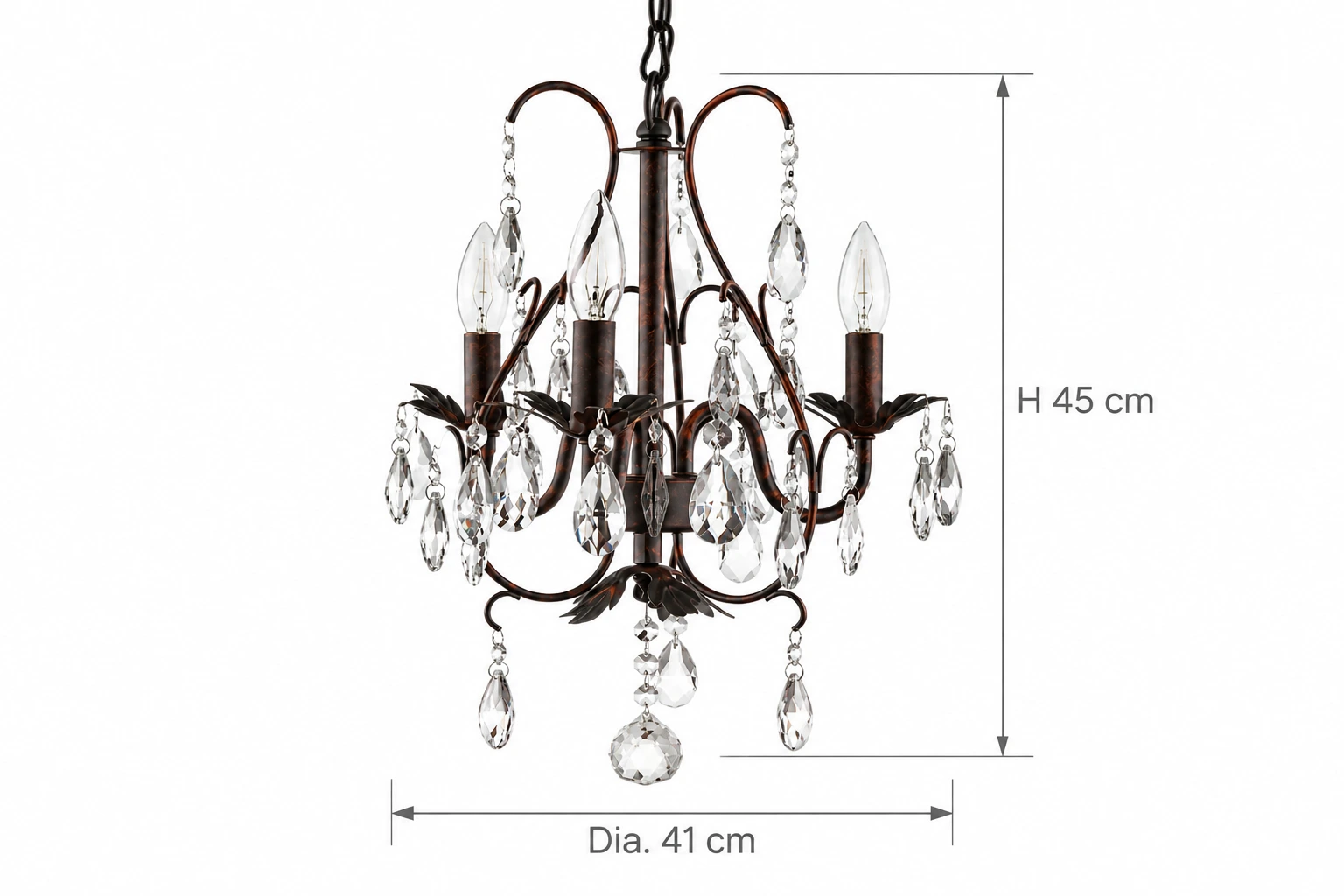 Diagrama de dimensiones de la lámpara de araña de cristal Rowan de tres luces, diámetro 41 cm y altura 45 cm.