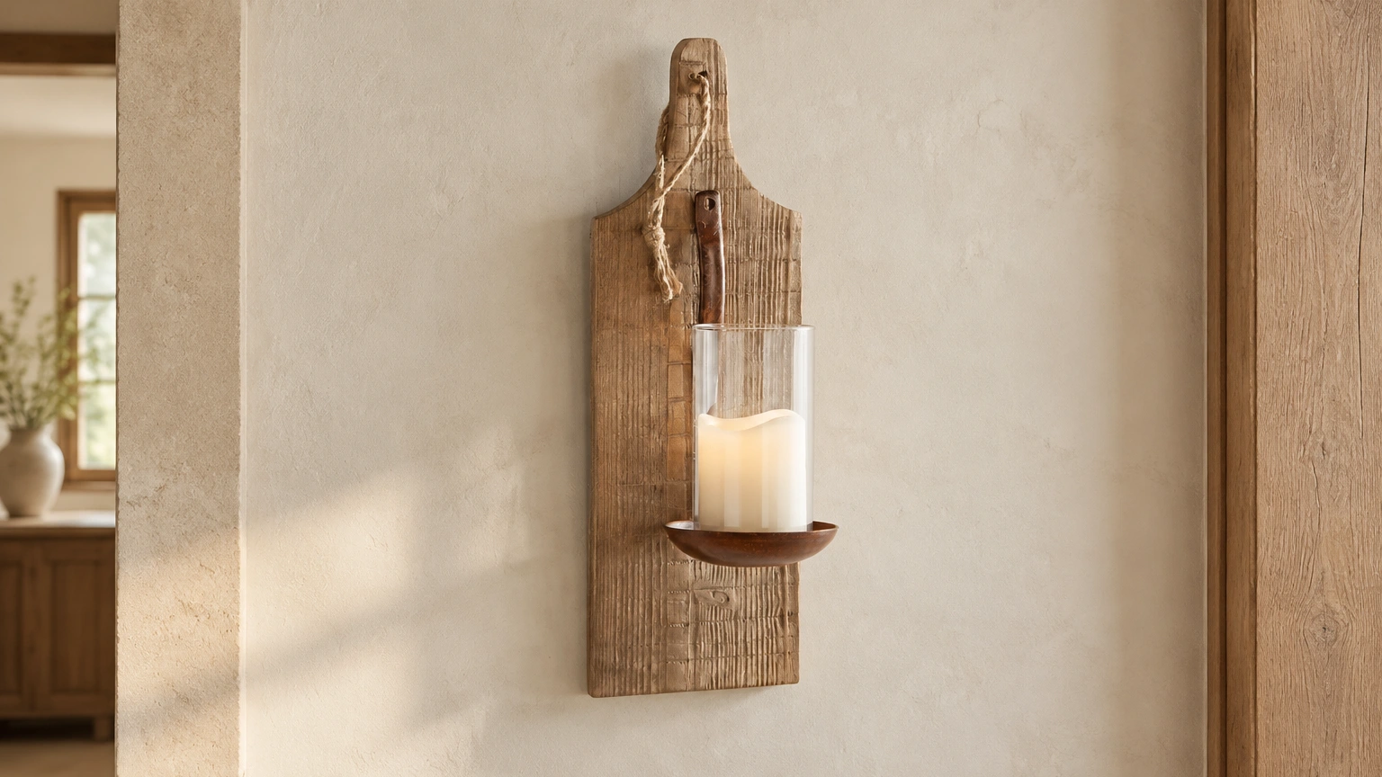 Aplique de pared Amelia Vintage de madera tallada en un interior residencial.