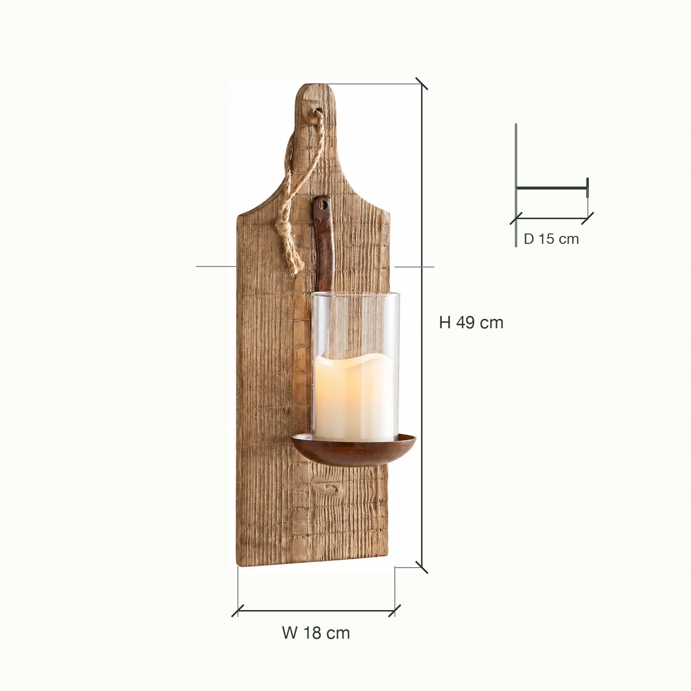 Dimensiones del aplique de pared Amelia Vintage de madera tallada: 18 cm de ancho x 15 cm de profundidad x 49 cm de alto.