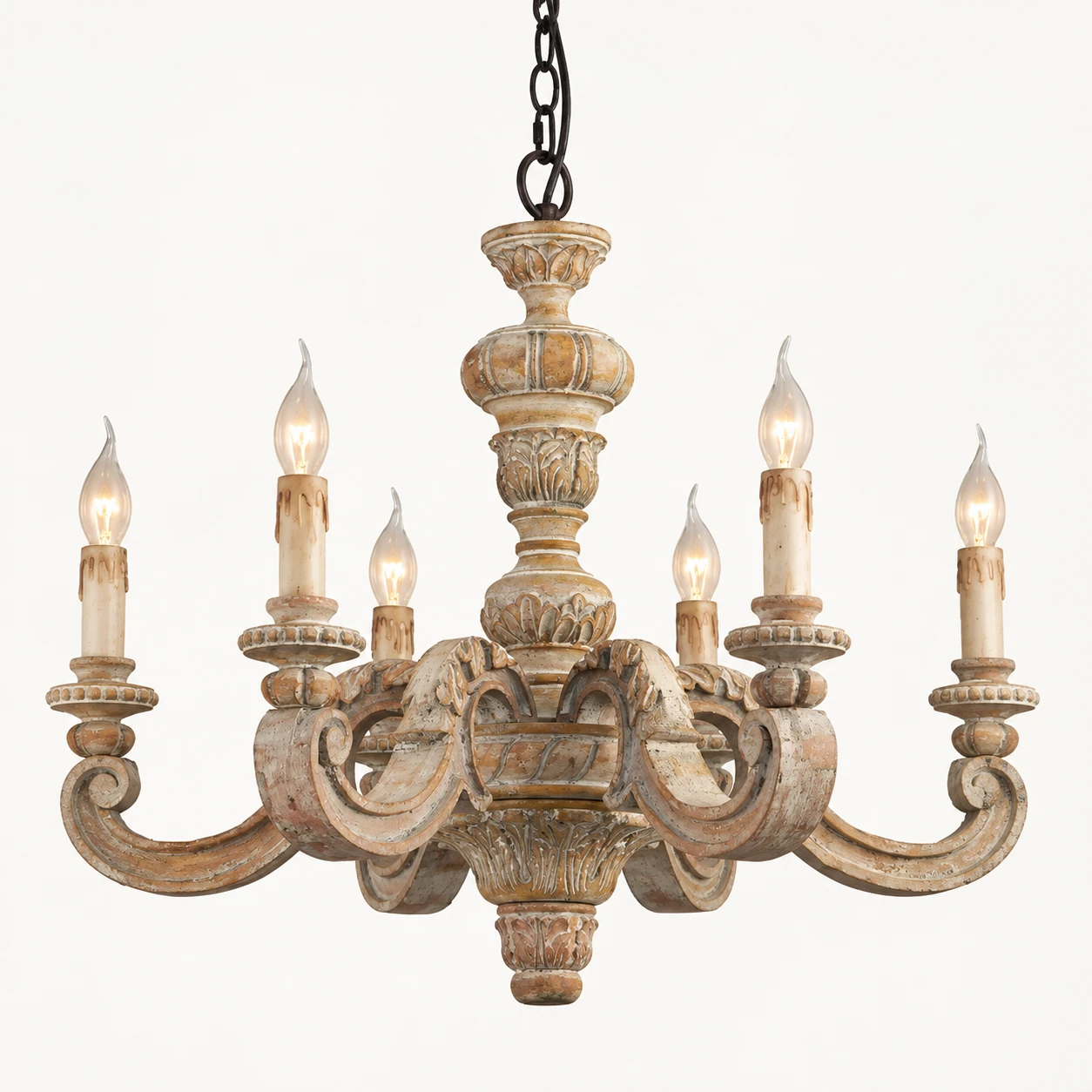 Lustre Elise Old Wood à six lumières sculptées