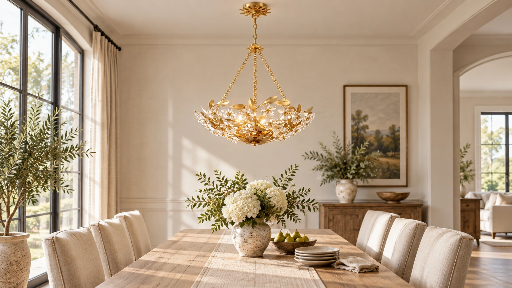 Suspension en forme de fleur de cristal centrée au-dessus d'une table à manger