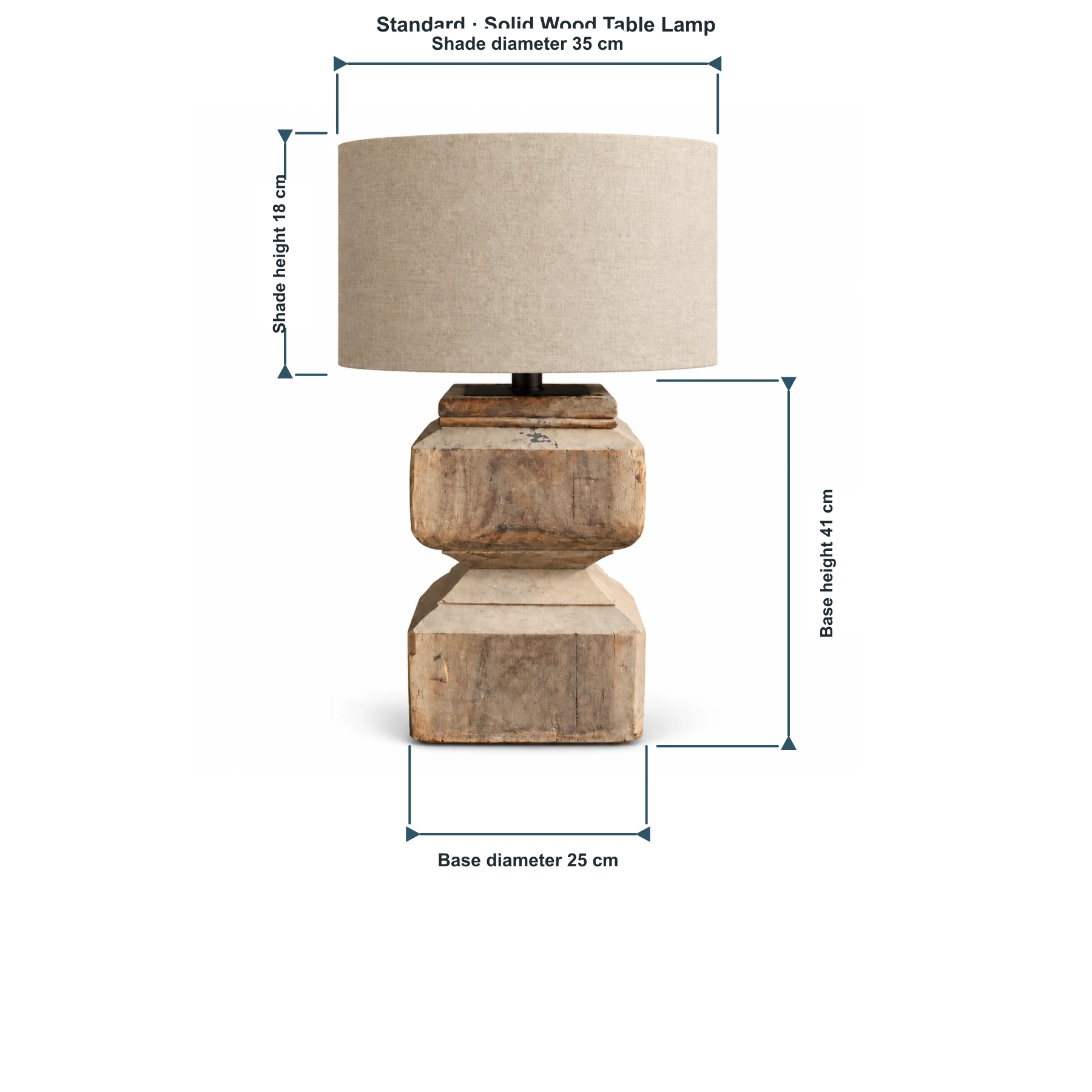 Estándar · Madera maciza · Base Ø25 × H41 cm · Pantalla Ø35 × H18 cm · Dimensiones gráficas