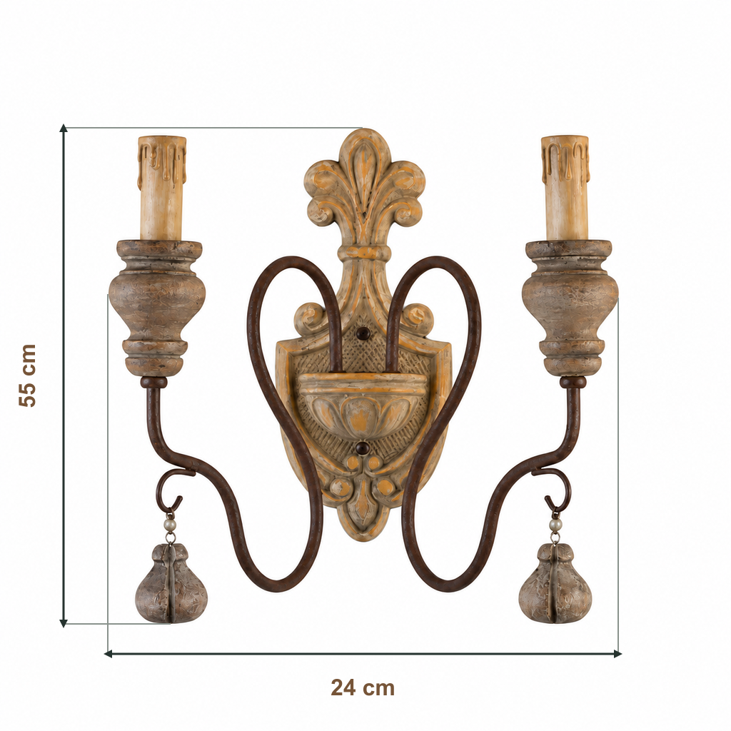 Diagrama de dimensiones de un aplique de pared estándar de doble brazo: 24 cm de ancho y 55 cm de alto.