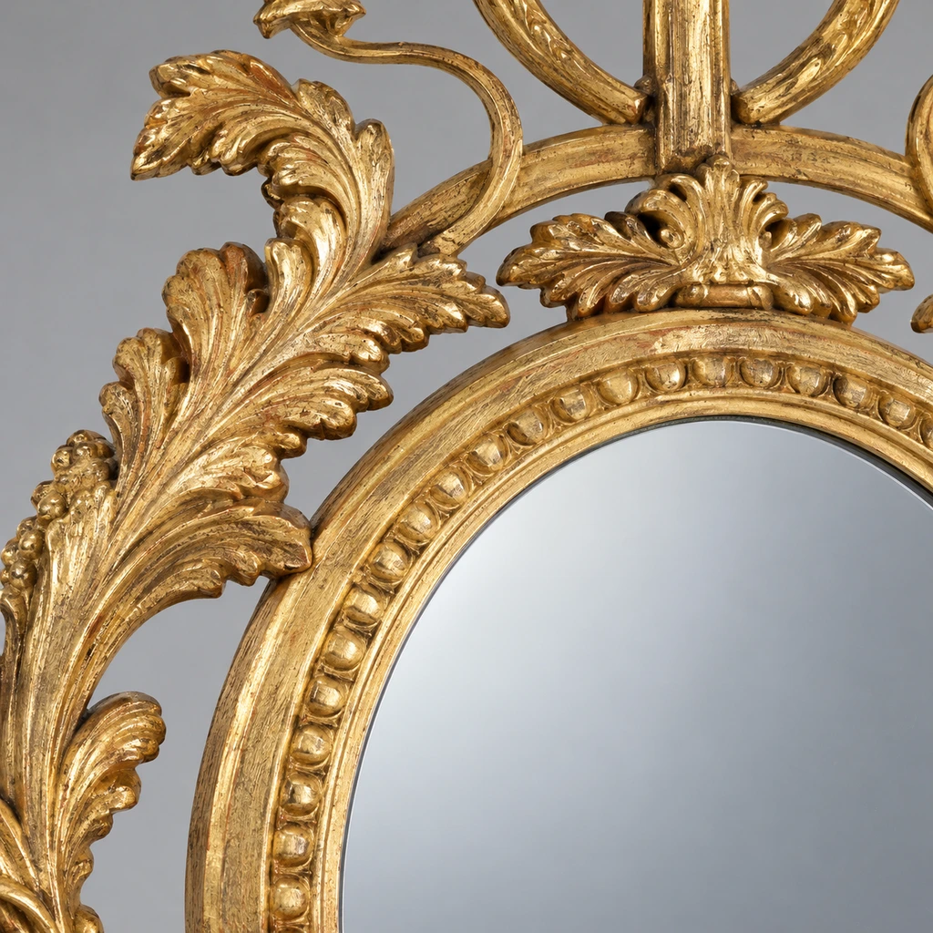 Gros plan sur le cadre ovale du miroir en bois sculpté et sa finition dorée
