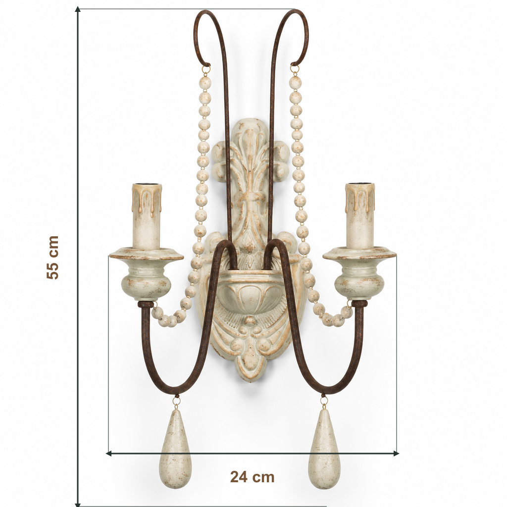 Diagrama de dimensiones de un aplique de pared vintage blanco con cadena de cuentas, 24 cm de ancho y 55 cm de alto.