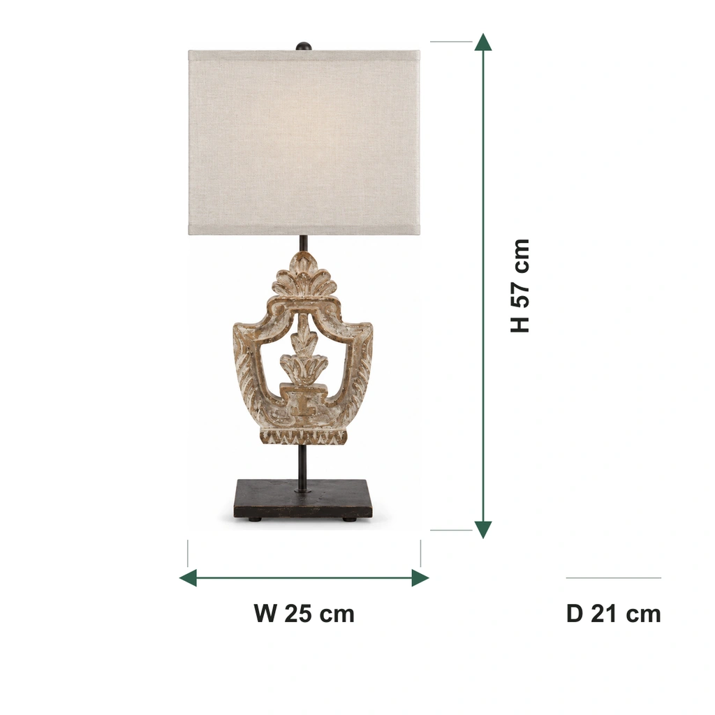 Dimensiones de la lámpara de mesa Elodie: 25 cm de ancho, 21 cm de profundidad y 57 cm de alto.