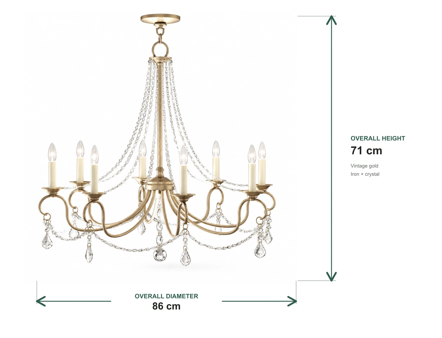 Dimensions du lustre Marlow : diamètre total de 86 cm et hauteur totale de 71 cm