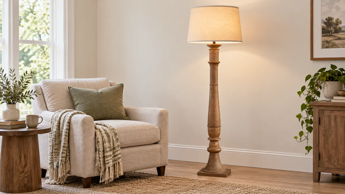 16:9 lifestyle banner van de houten vloerlamp in een woonkamer.