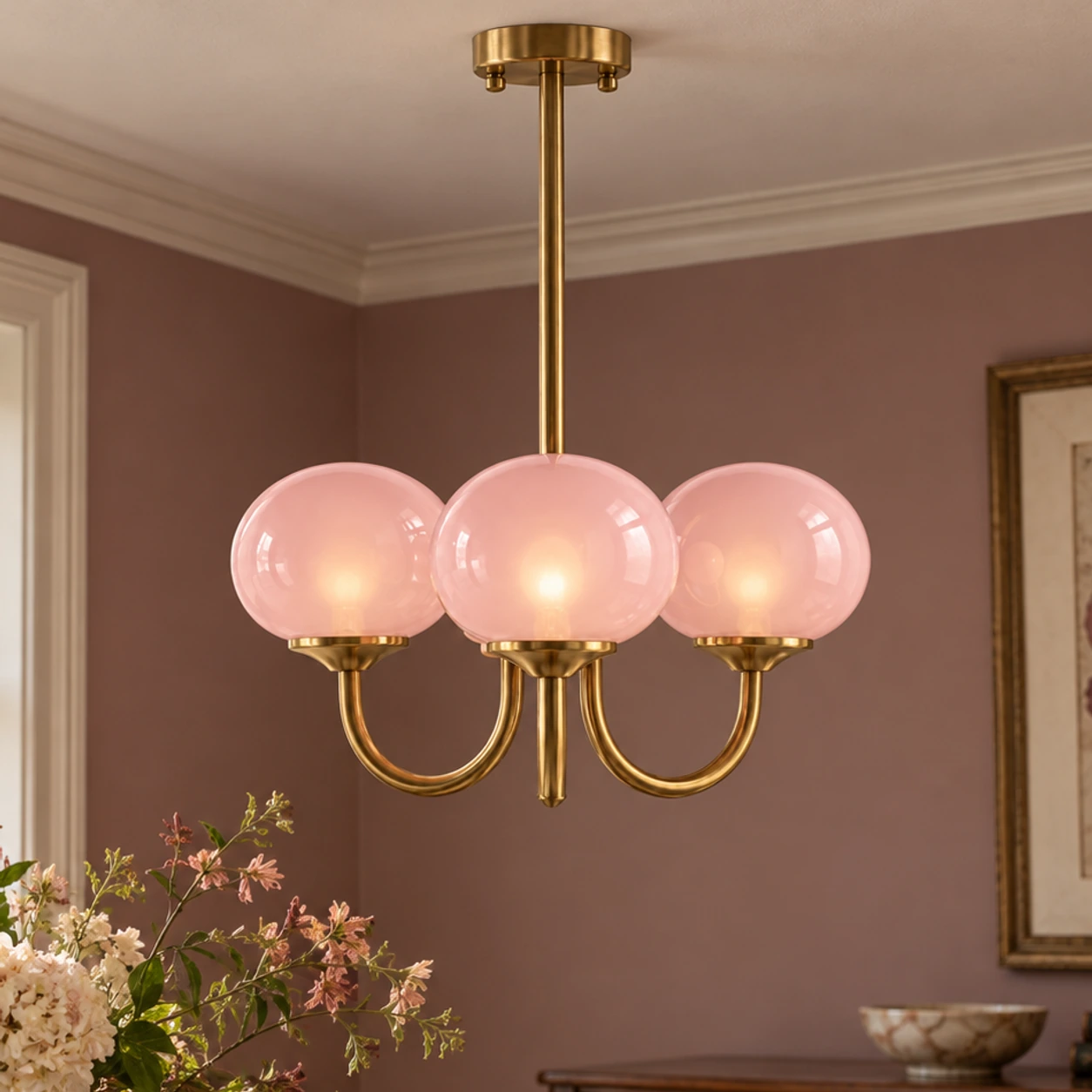 Tres globos de cristal rosa en una lámpara de araña de tono latón en un comedor de estilo vintage.