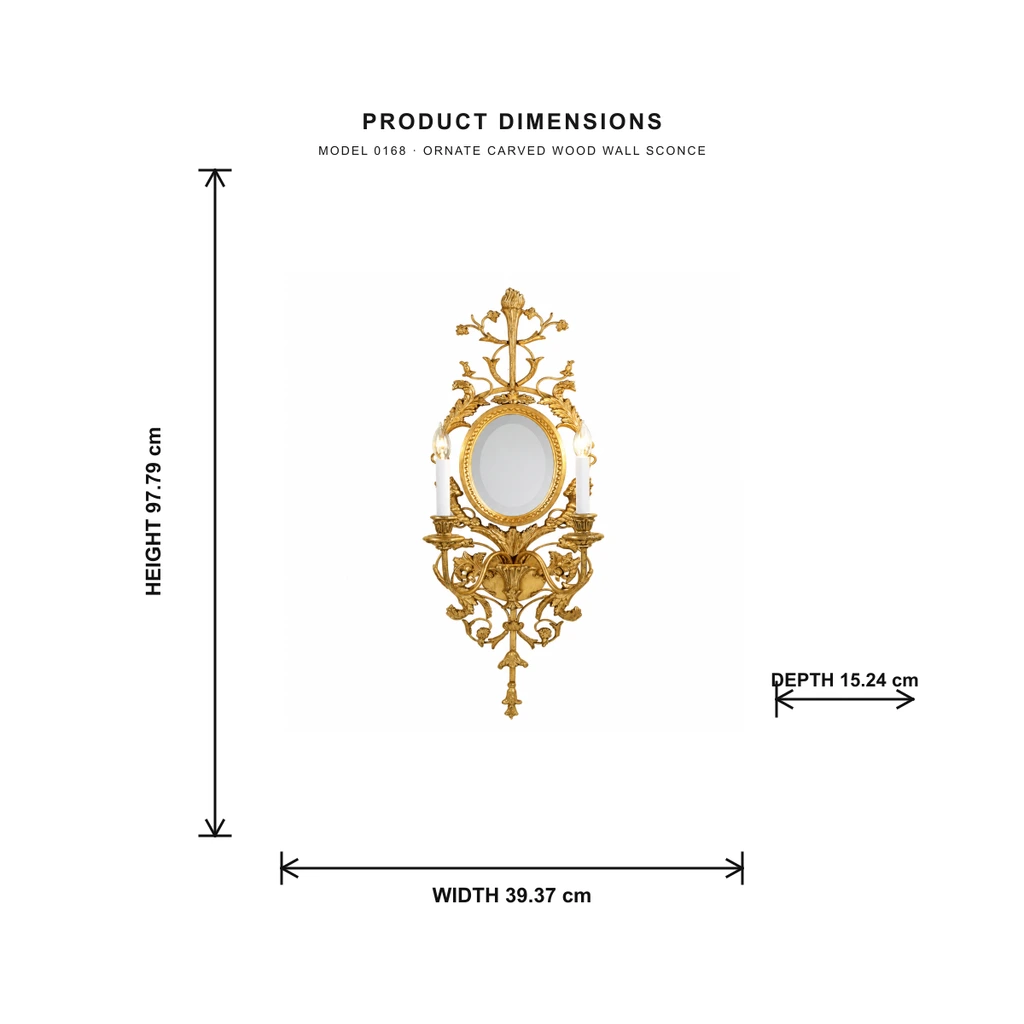 Schéma dimensionnel indiquant la hauteur 97,79 cm, la largeur 39,37 cm et la profondeur 15,24 cm pour l'applique murale modèle 0168