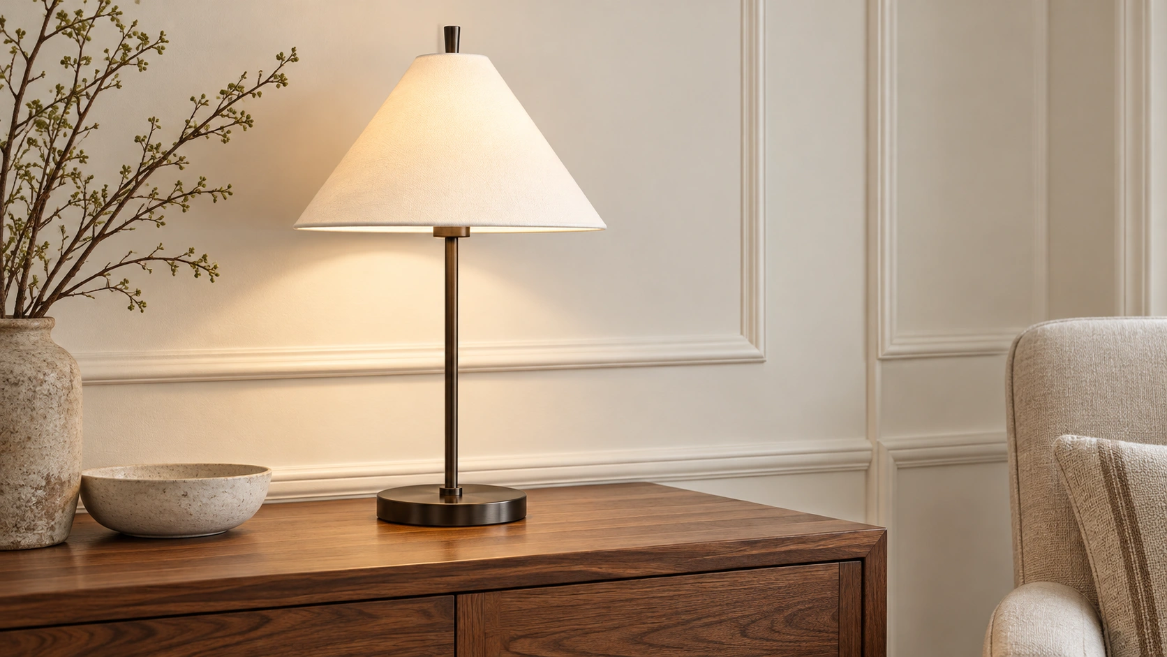 Lampe de table conique en tissu sur un buffet en noyer dans un coin lecture