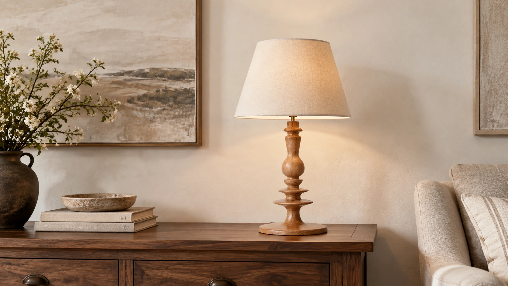 Lampe de table rustique en bois sur une console en noyer