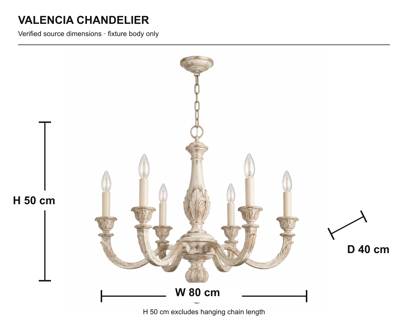 Schéma dimensionnel du lustre Valencia : L 80 cm, P 40 cm, H 50 cm ; la hauteur ne comprend pas la chaîne de suspension.