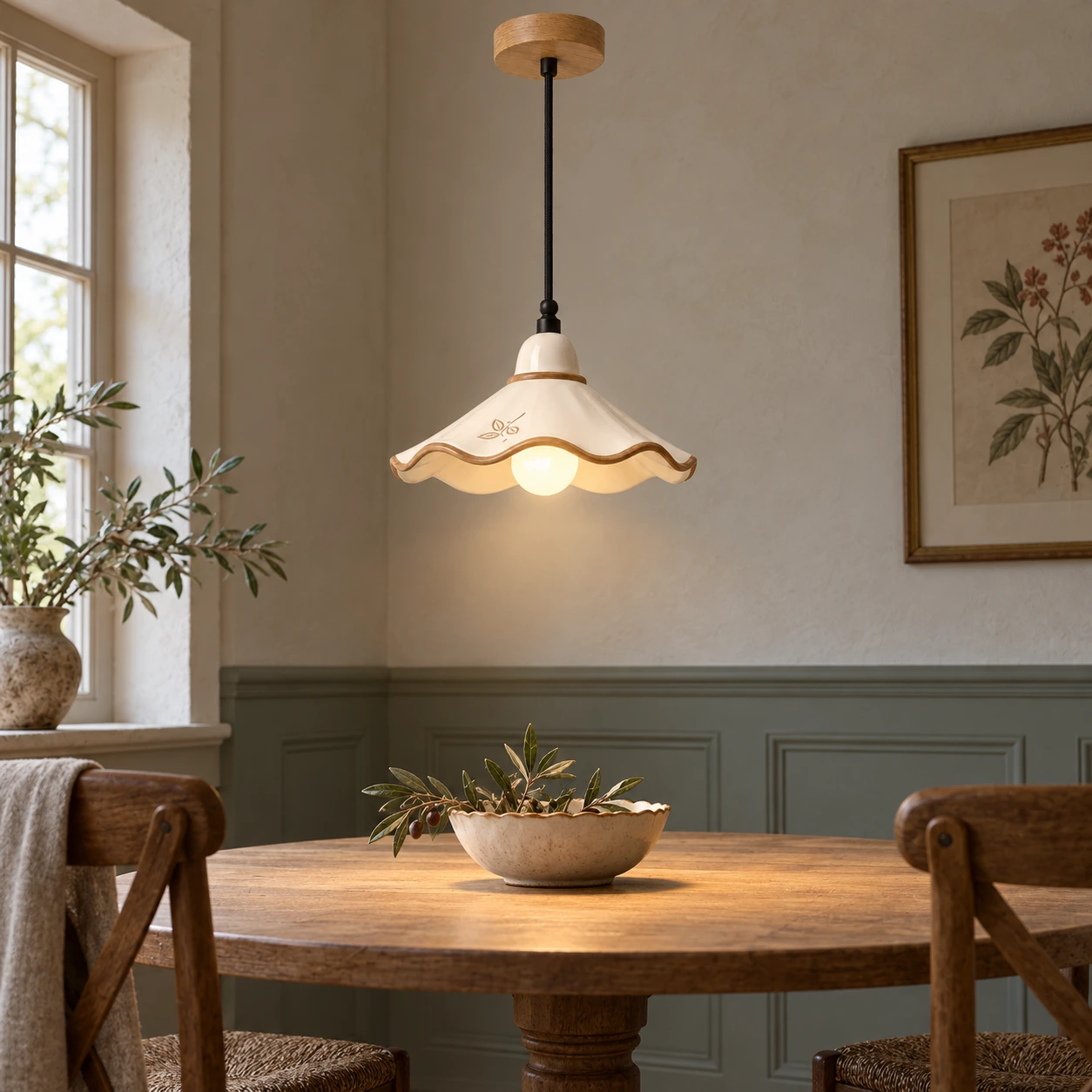 Lámpara colgante Eliseo de cerámica festoneada y madera de fresno blanco de estilo francés vintage sobre una mesa de comedor.