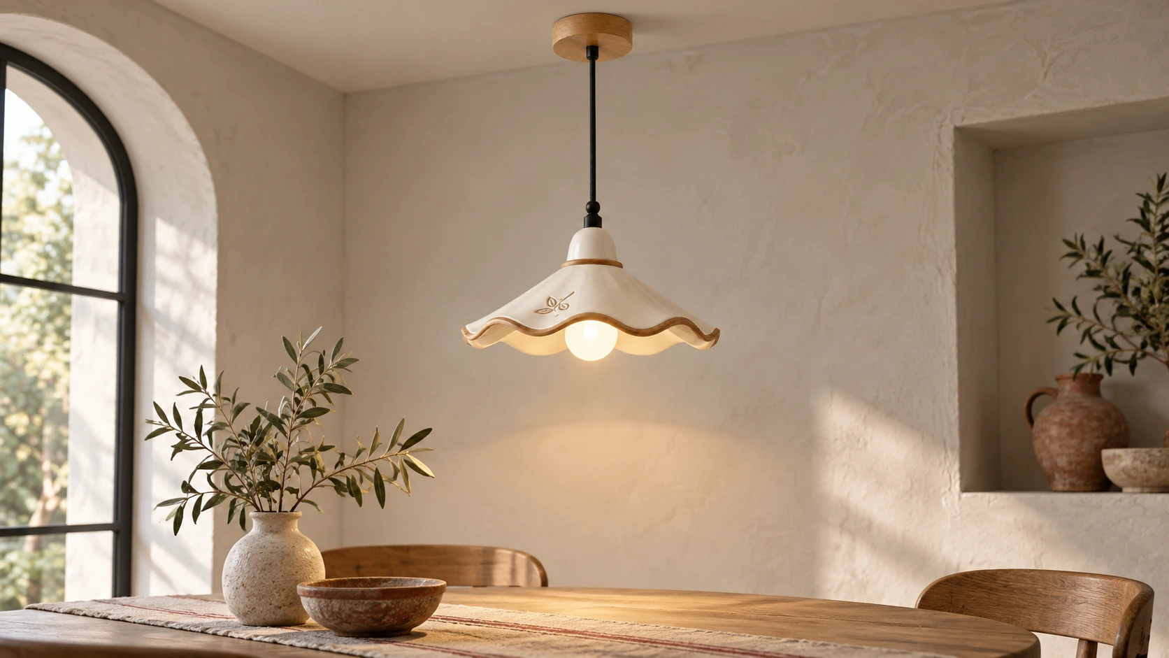 Lámpara colgante Eliseo de cerámica festoneada y madera de fresno blanco de estilo francés vintage sobre un rincón tranquilo del comedor.