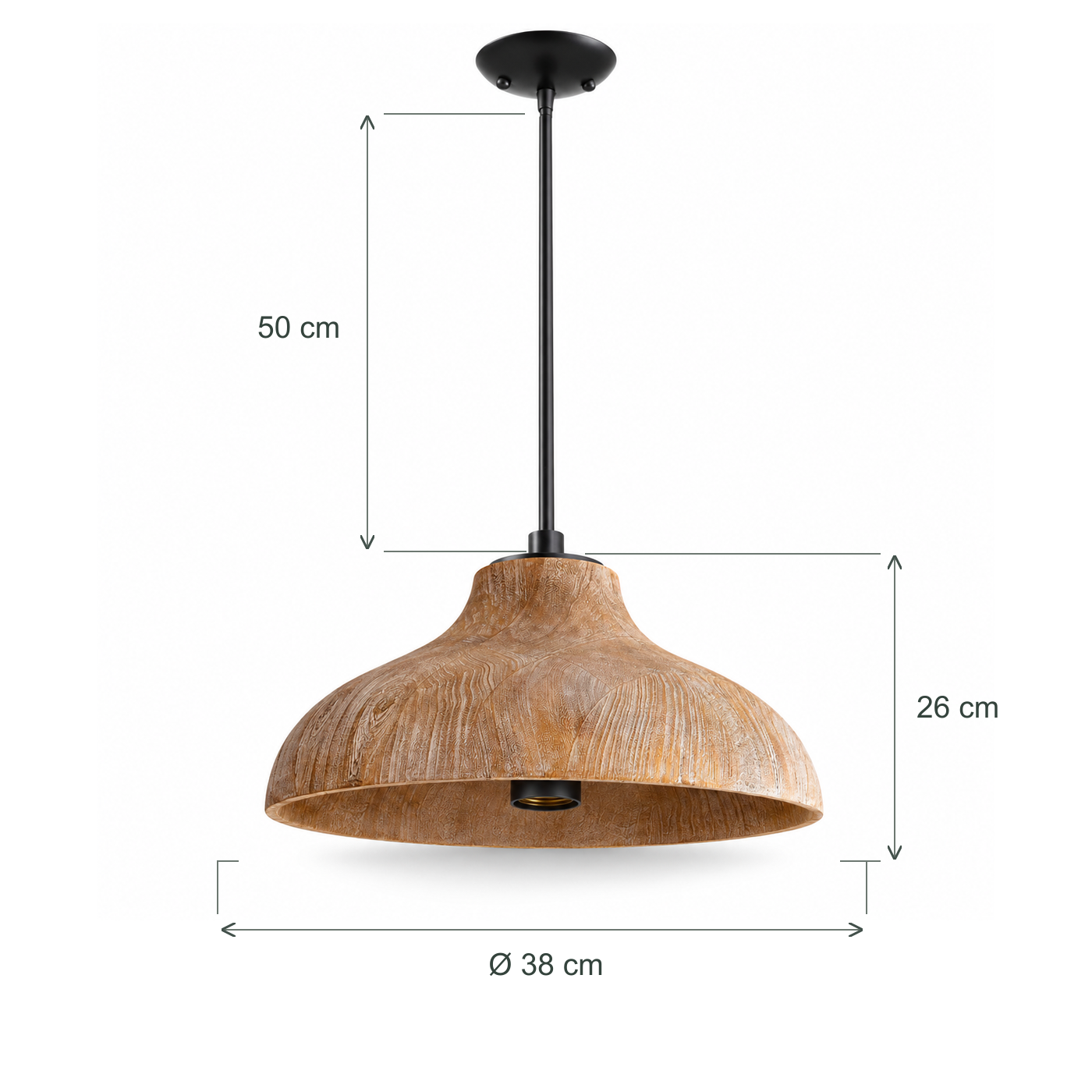 Dimensiones de la lámpara colgante: 38 cm de diámetro, 26 cm de altura del cuerpo y 50 cm de suspensión.