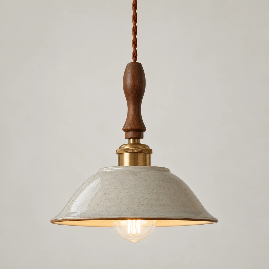 Borde de la pantalla, tallo de madera y detalle del cordón