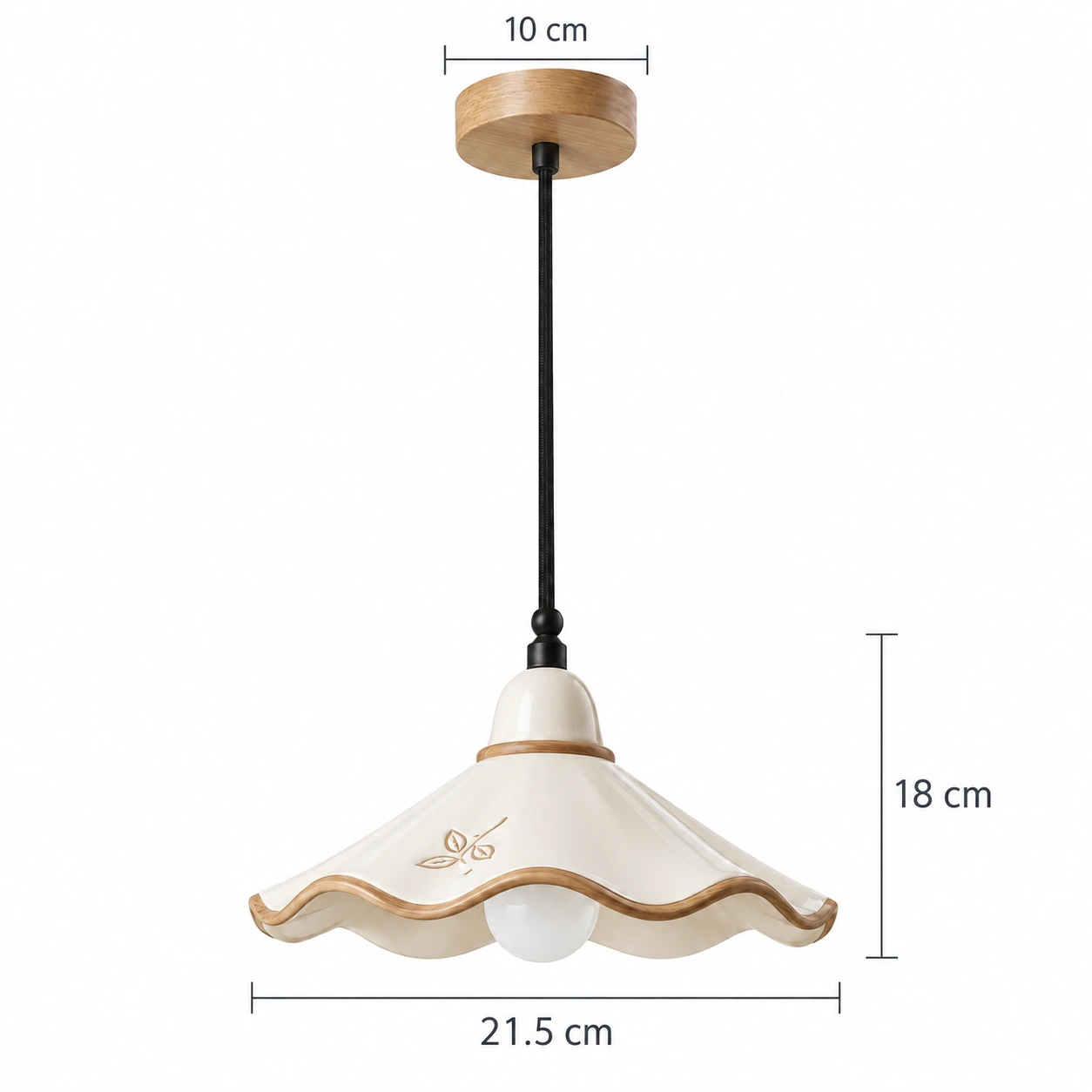 Lámpara colgante Eliseo French Vintage de cerámica festoneada y madera de fresno blanco (dimensiones verificadas)