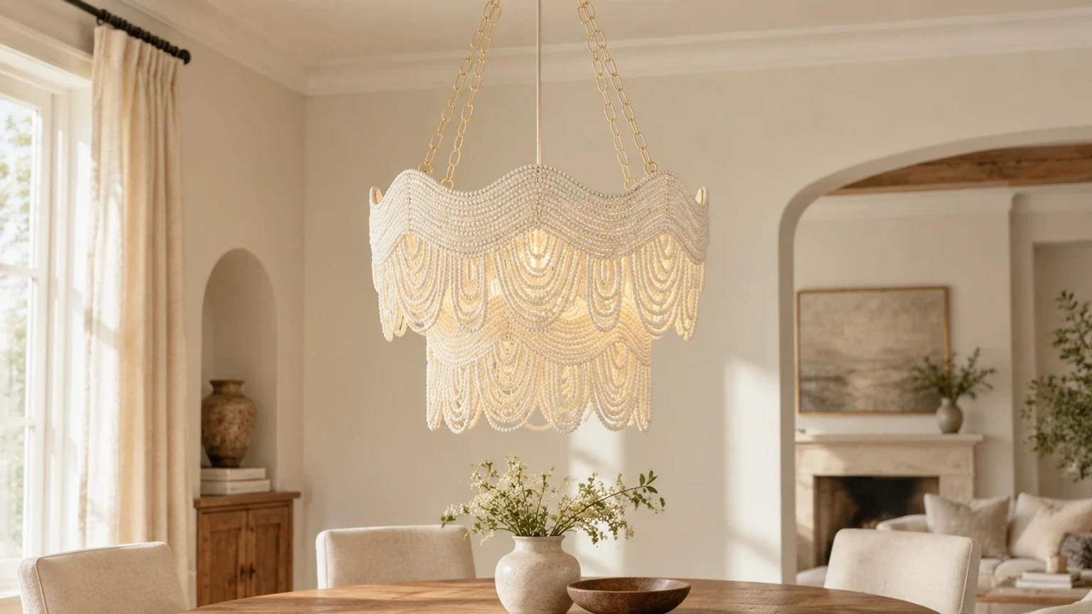 Lámpara colgante minimalista Clara Vintage de madera y metal en un interior luminoso