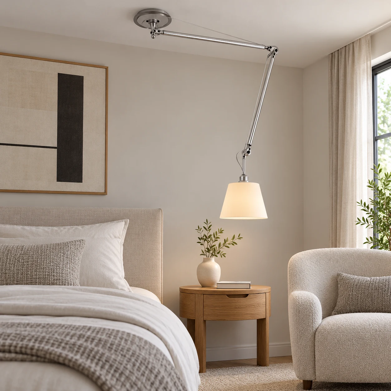 Lámpara colgante con brazo articulado junto a un sillón de lectura y una mesita de noche en el dormitorio.