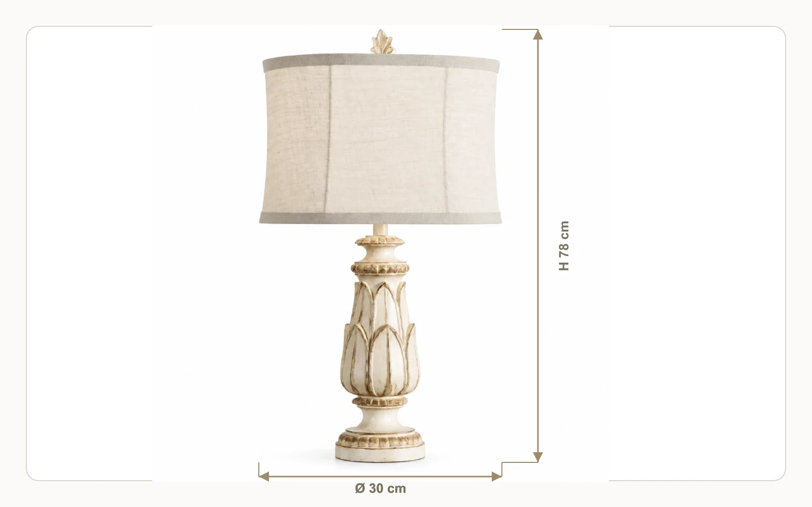 Dimensions de la lampe de table rustique en lin sculpté à motifs floraux : hauteur 78 cm et diamètre 30 cm