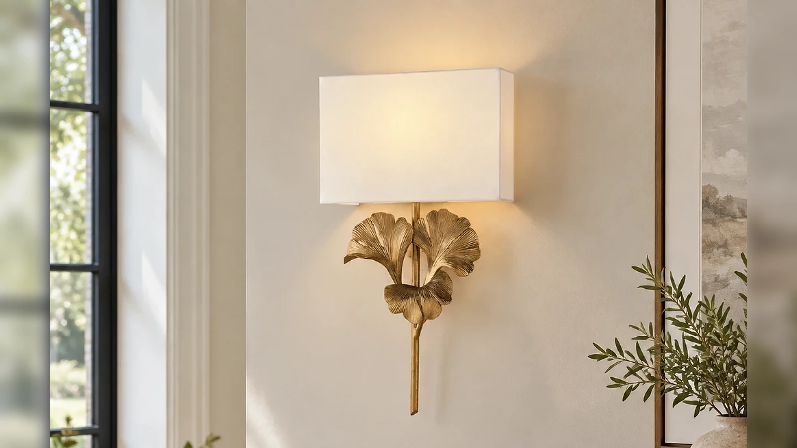 Aplique de pared con forma de hoja de ginkgo dorada y pantalla blanca instalado en una pared de yeso claro.