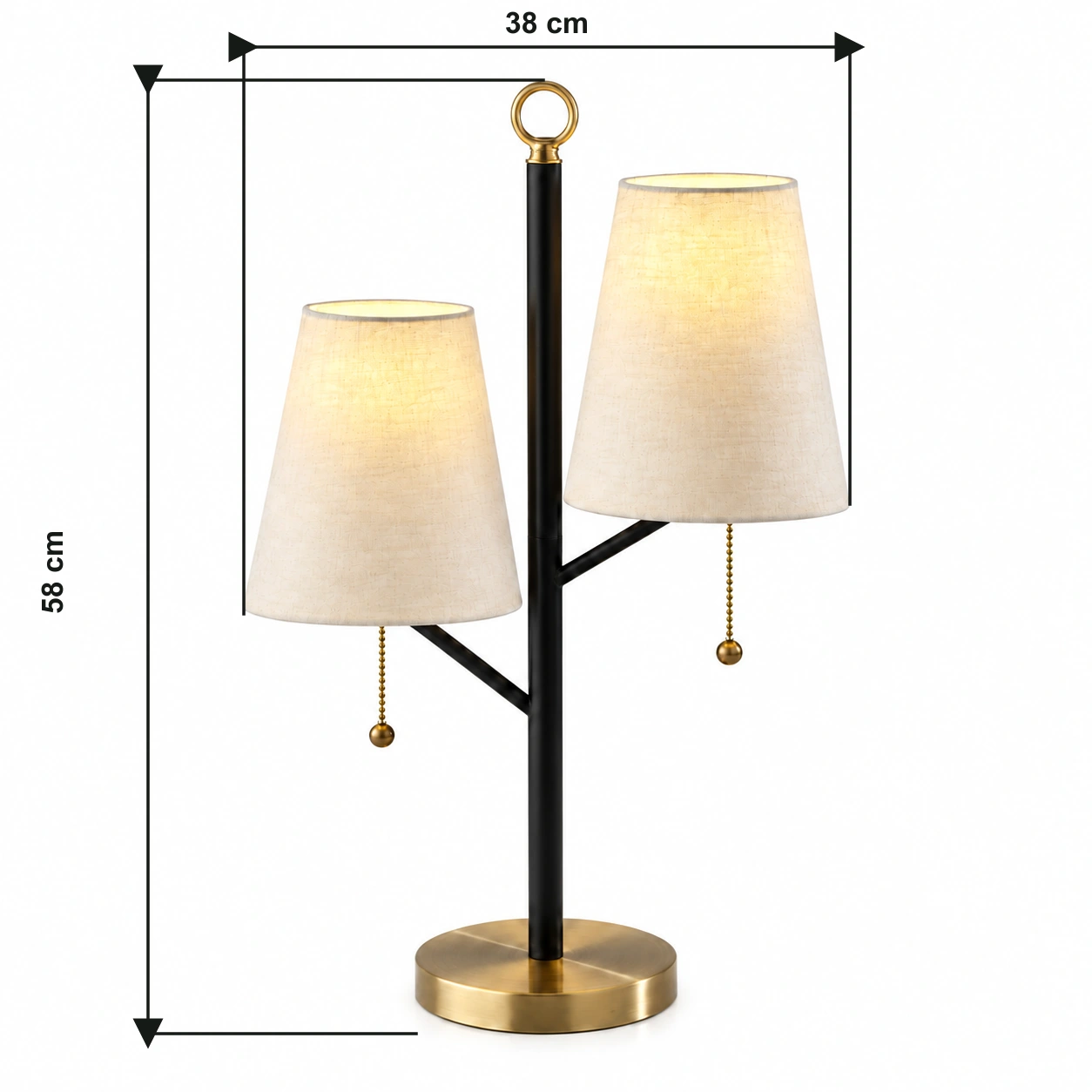 Dimensiones de la lámpara de mesa de doble pantalla: ancho total 38 cm y altura total 58 cm.