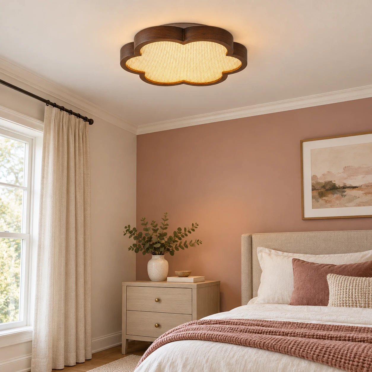 Lámpara de techo pequeña con diseño floral en un dormitorio americano