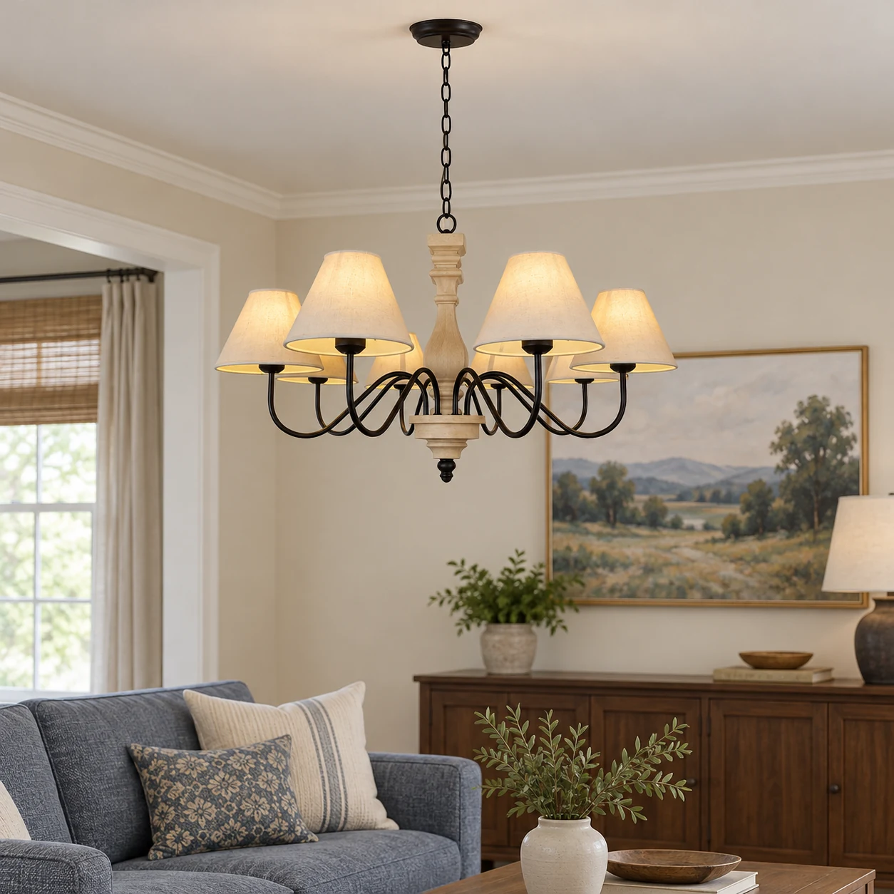 Mara rustic chandelier in a comfortable living room