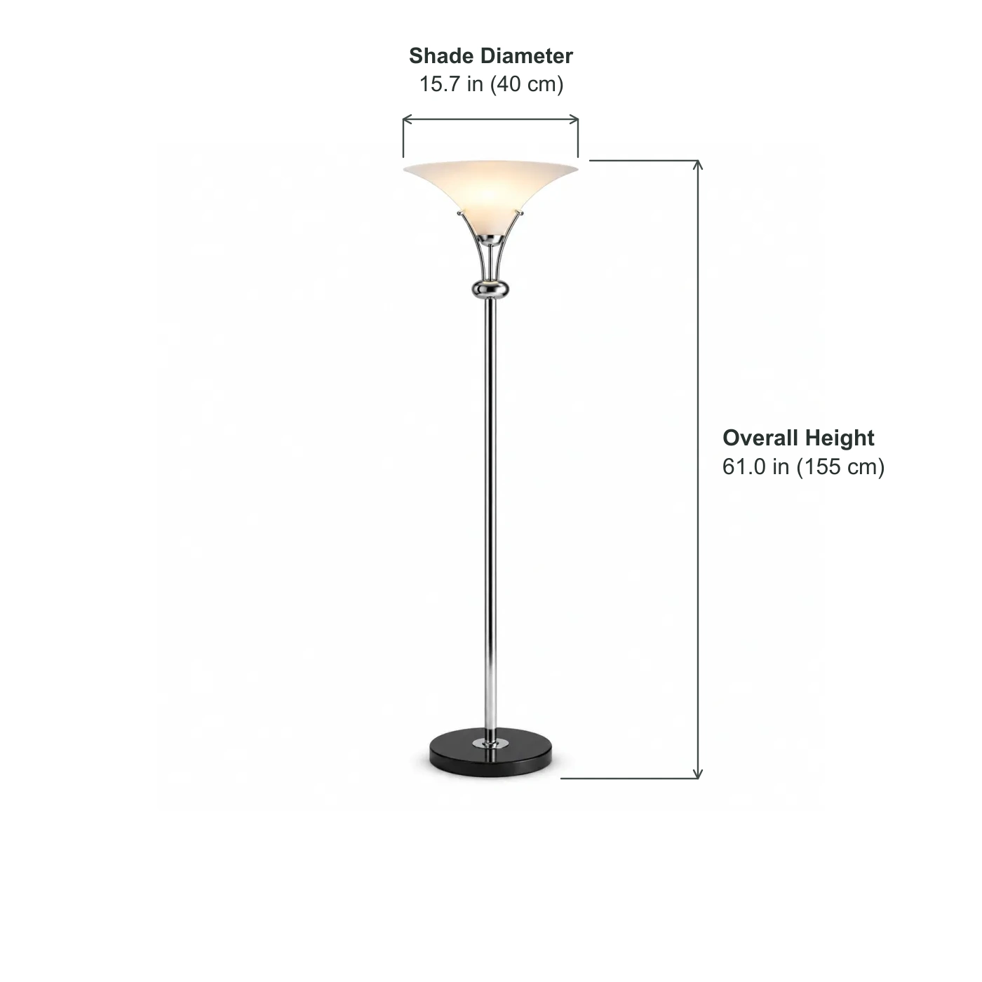 Dimensions du lampadaire : hauteur totale de 155 cm et diamètre de l’abat-jour de 40 cm