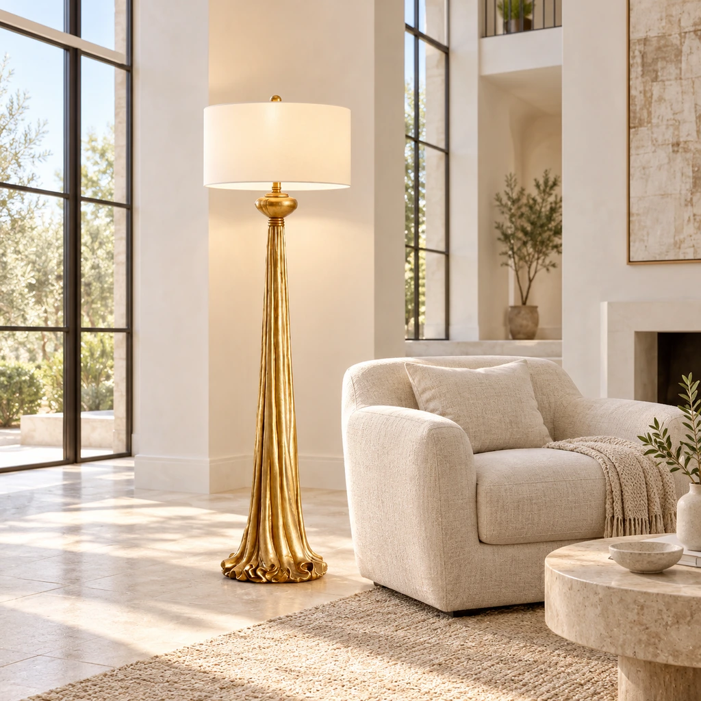 Lampadaire en or sculpté dans un salon lumineux à haut plafond