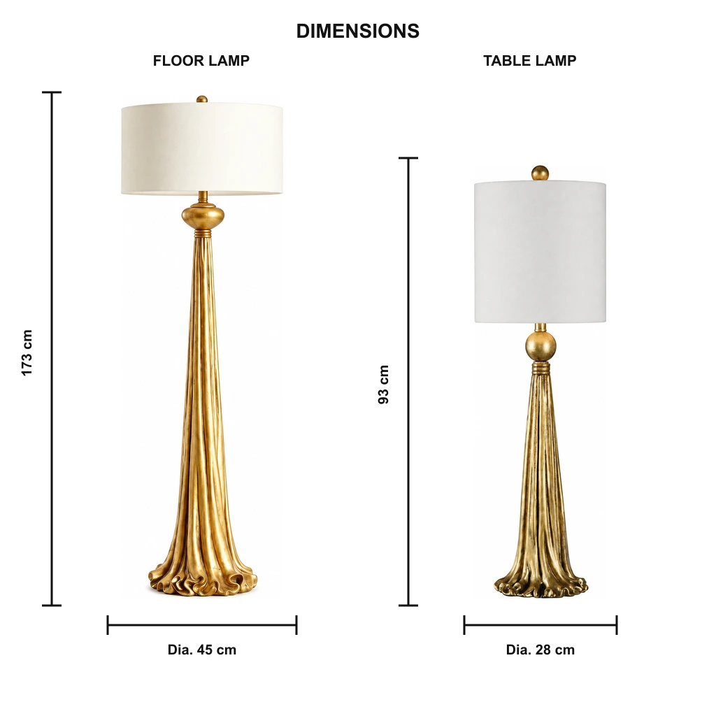 Lampadaire de hauteur 173 cm et de diamètre 45 cm ; lampe de table de hauteur 93 cm et de diamètre 28 cm.