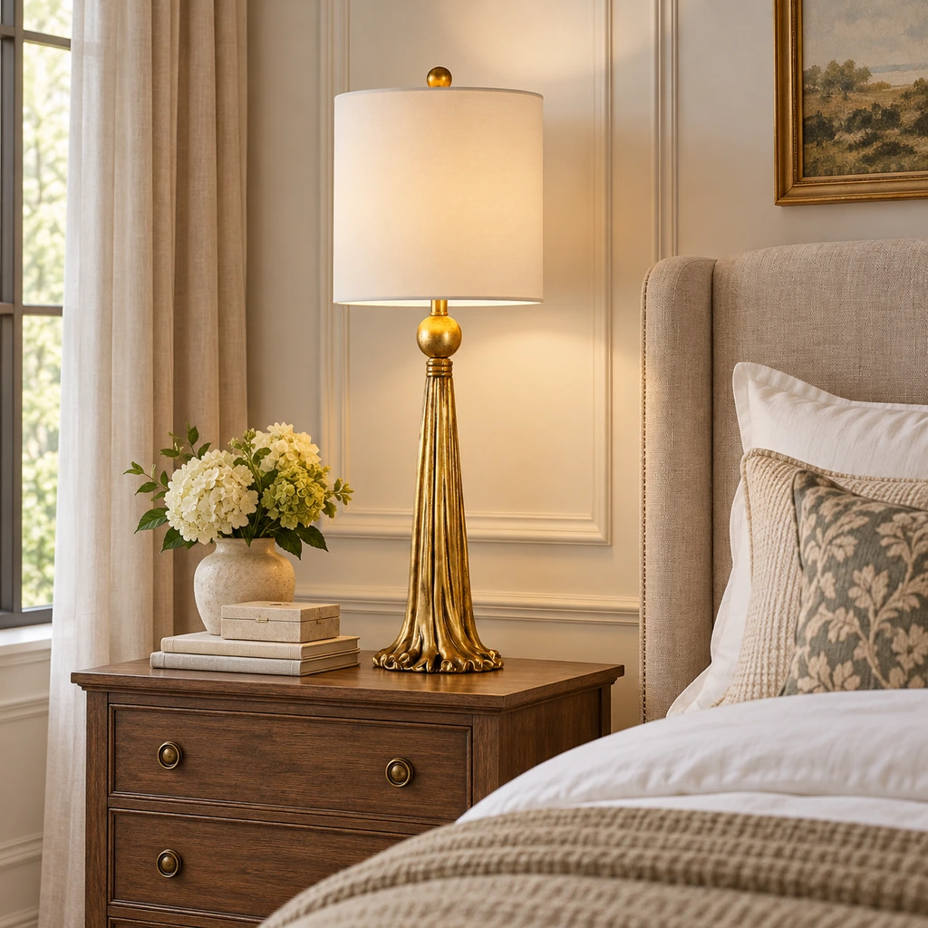 Lampe de table en or sculpté sur une commode de chevet