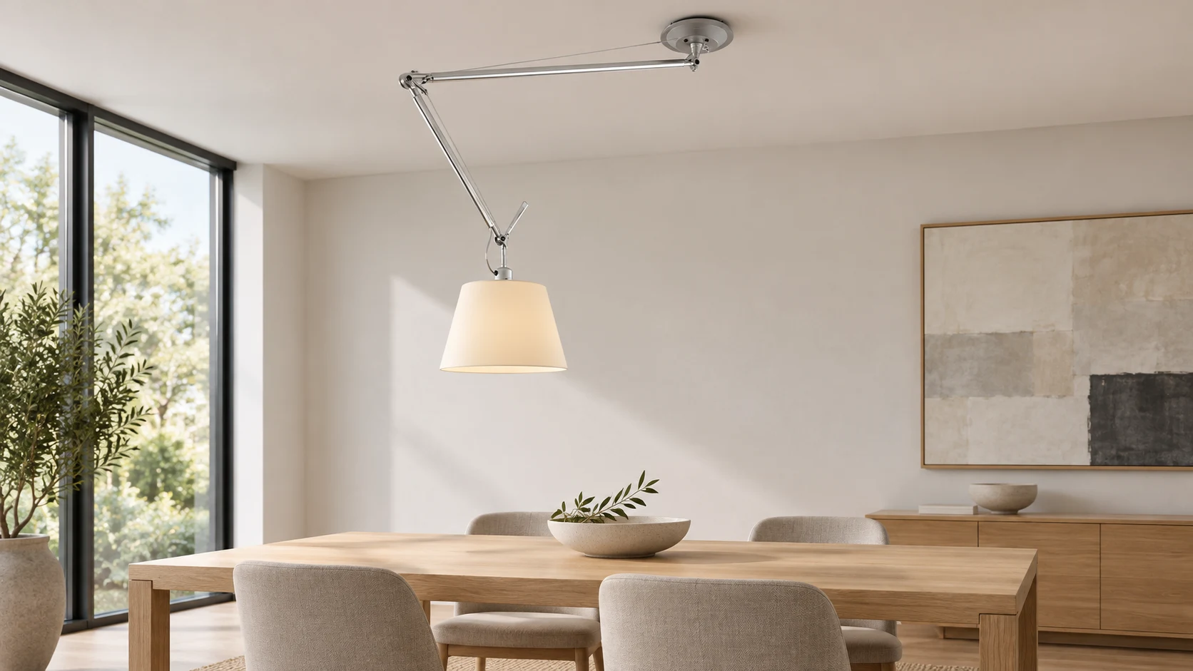 Lámpara colgante de hierro con brazo oscilante instalada sobre una mesa de comedor en una casa estadounidense contemporánea.