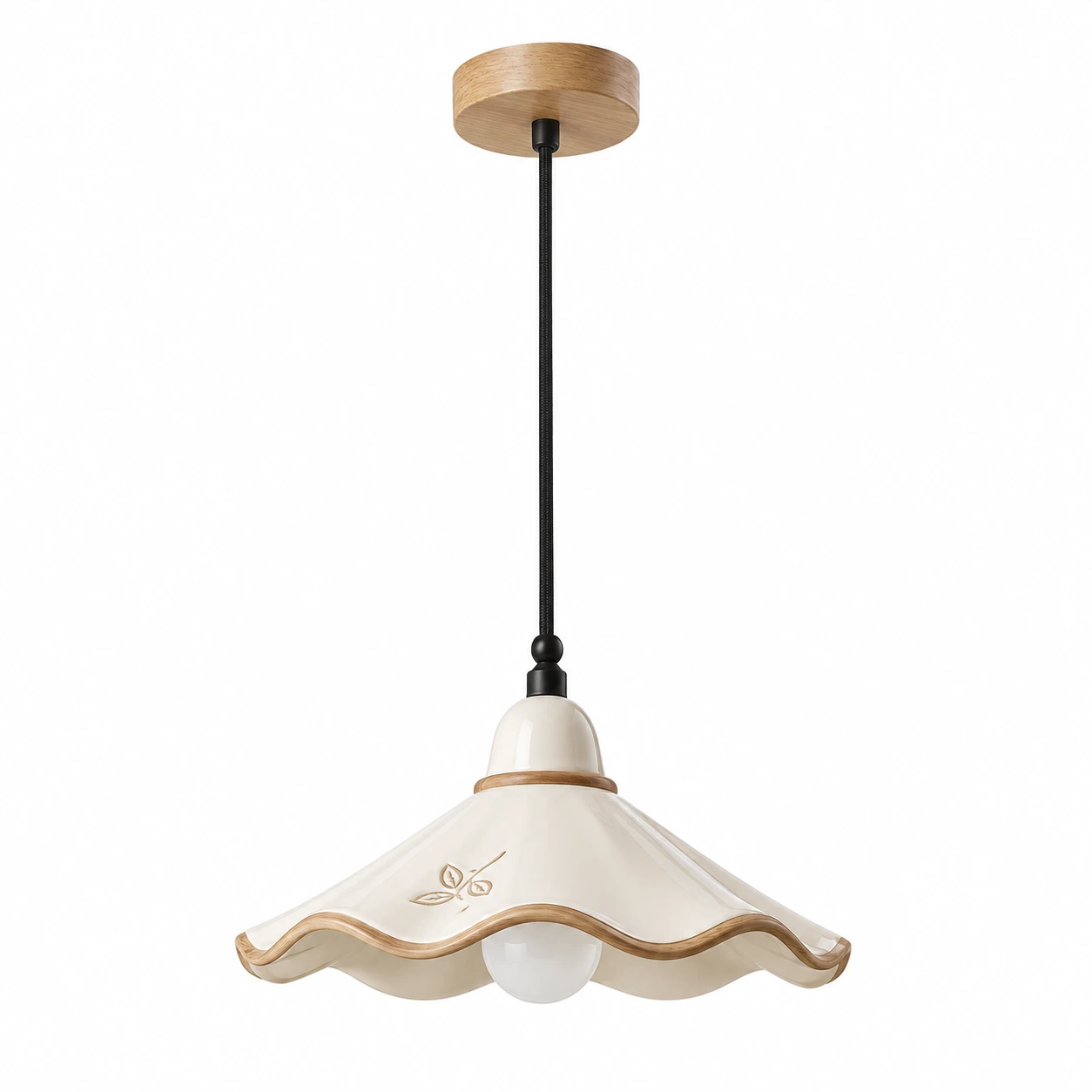 Lámpara colgante Eliseo French Vintage de cerámica festoneada y madera de fresno blanco, variante con cambio de tres colores (apagada)