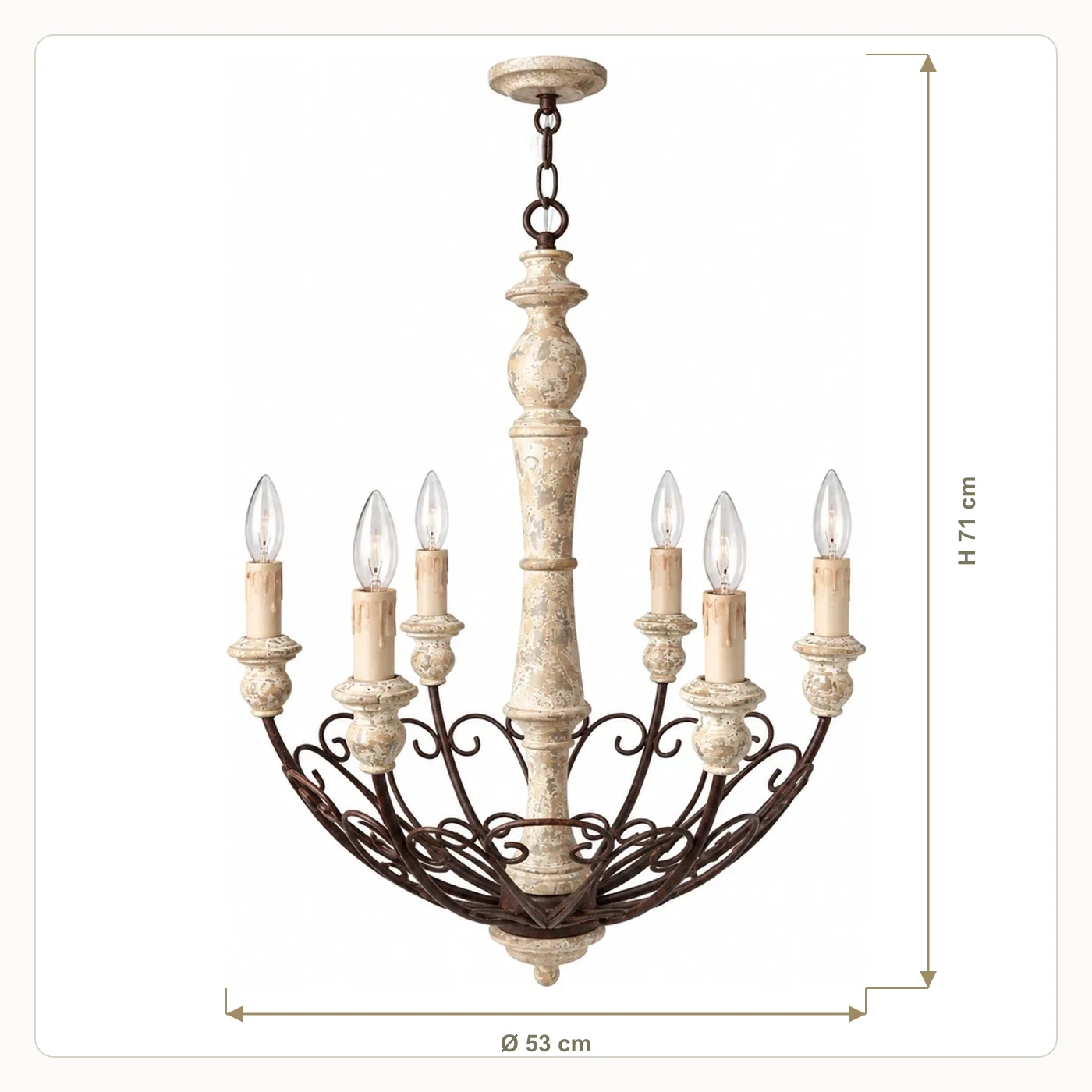 Dimensions du lustre rustique à six bras en bois sculpté : hauteur totale de 71 cm et diamètre total de 53 cm