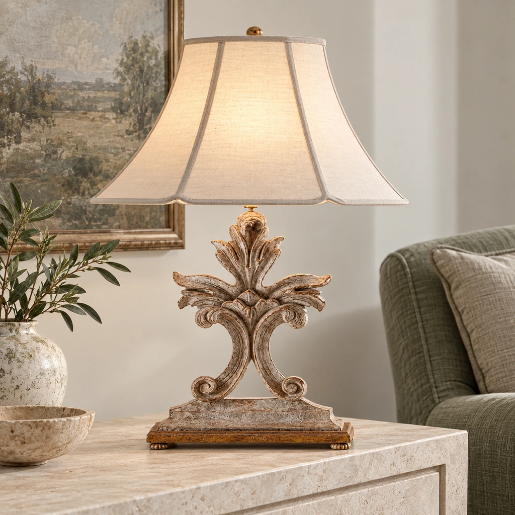 Lampe de table en bois de tilleul sculpté sur une console en calcaire clair