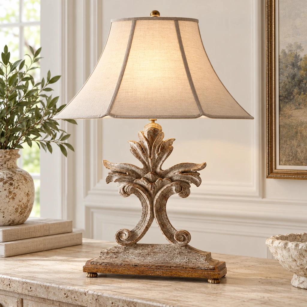 Lampe de table en bois de tilleul sculpté avec une structure symétrique ouverte sur une console claire