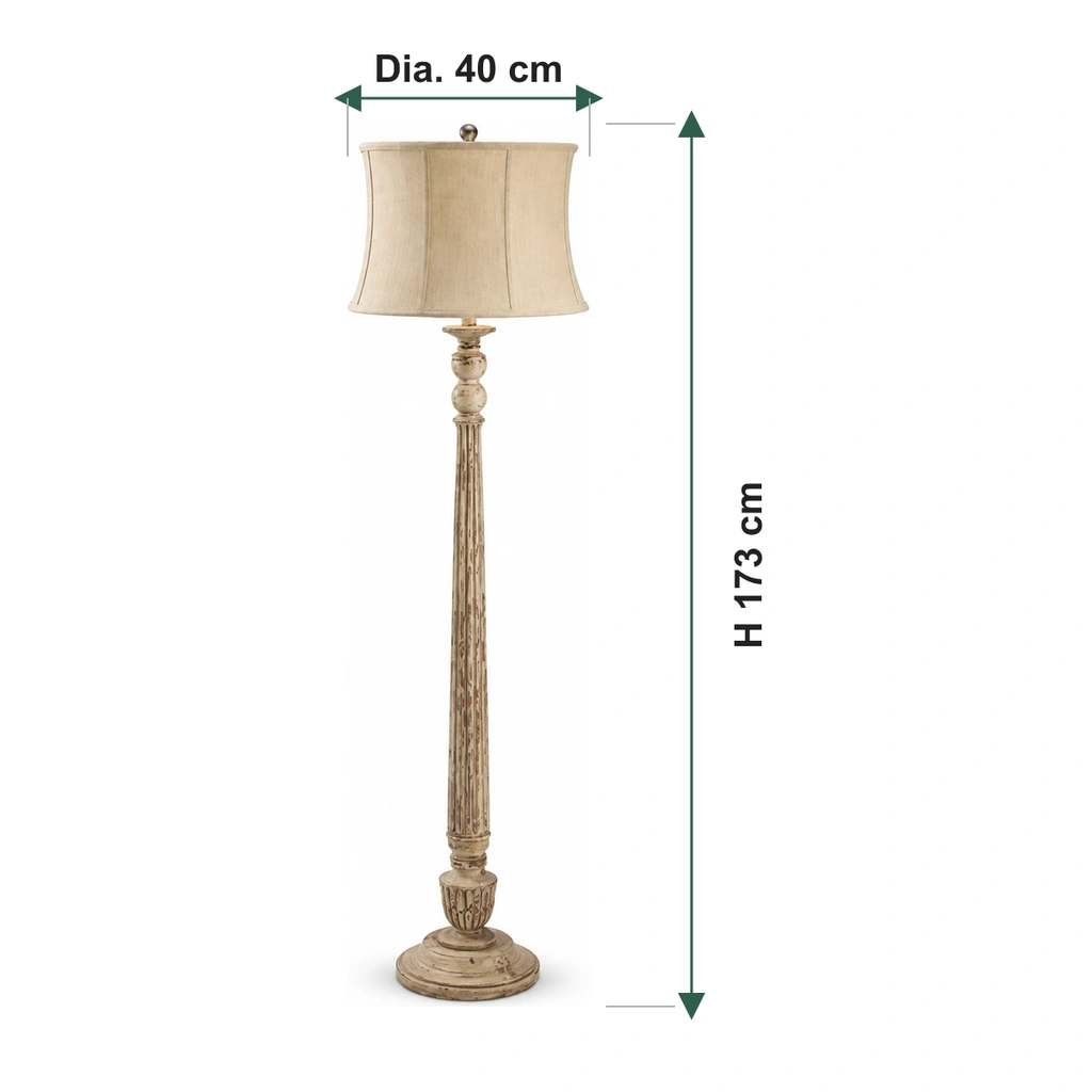 Dimensiones de la lámpara de pie Margot: 40 cm de diámetro de la pantalla y 173 cm de altura total.