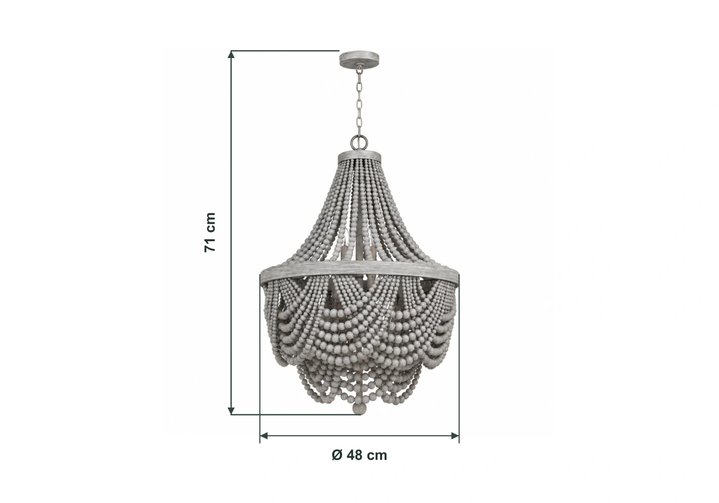 Diagrama de dimensiones de una lámpara de araña con cuentas de madera gris que muestra una altura total de 71 cm y un diámetro de 48 cm.