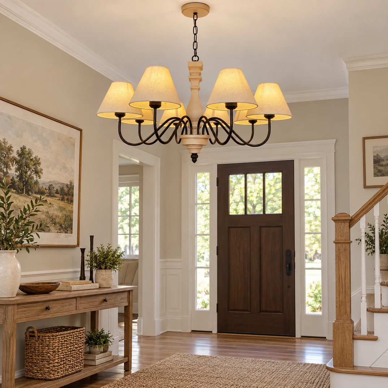 Mara chandelier installed with practical clearance in an entry hall