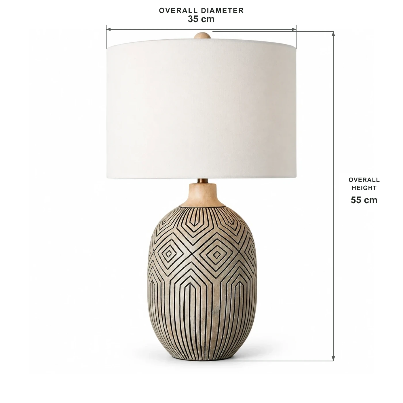 Schéma dimensionnel de la lampe de table Merritt : diamètre total de 35 cm et hauteur totale de 55 cm
