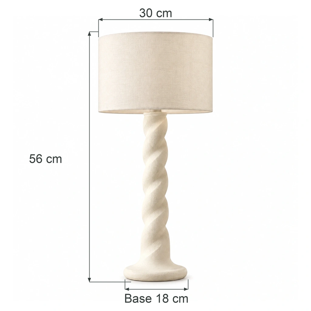 Dimensiones de la lámpara de mesa: 56 cm de alto, 30 cm de diámetro de la pantalla, 18 cm de diámetro de la base.