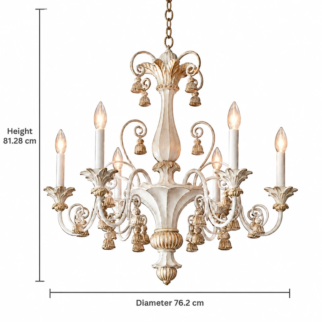Dimensions du lustre Bellamy à six lumières : 81,28 cm de hauteur et 76,2 cm de diamètre