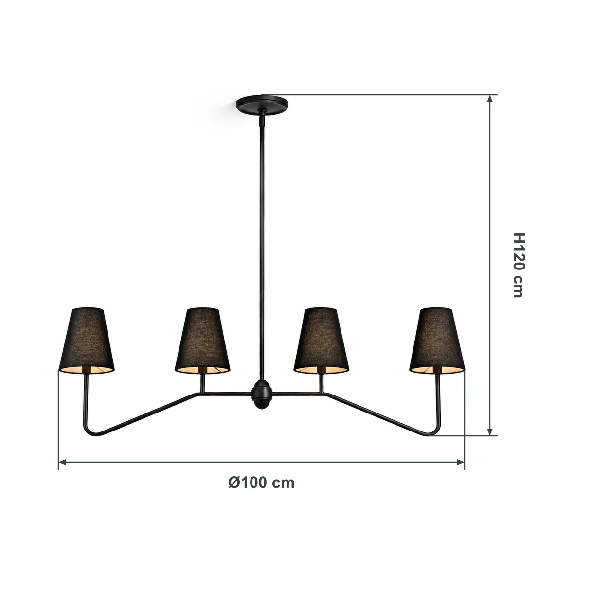 Dimensiones de la lámpara de araña: 100 cm de diámetro y 120 cm de altura total, con líneas conectadas al contorno del producto.