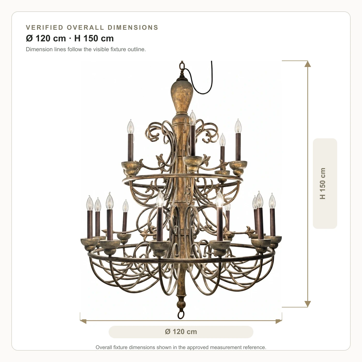 Diagramme dimensionnel du lustre rustique à plusieurs niveaux en bois sculpté : diamètre total de 120 cm et hauteur totale de 150 cm