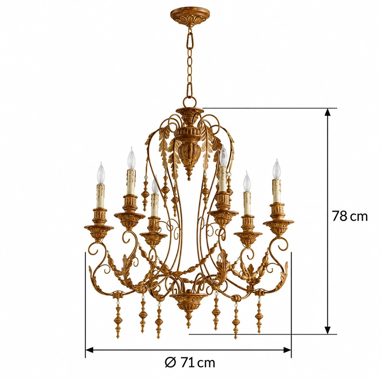 Diagramme des dimensions du lustre Merritt à six lumières : corps du luminaire de 71 cm de diamètre et 78 cm de hauteur