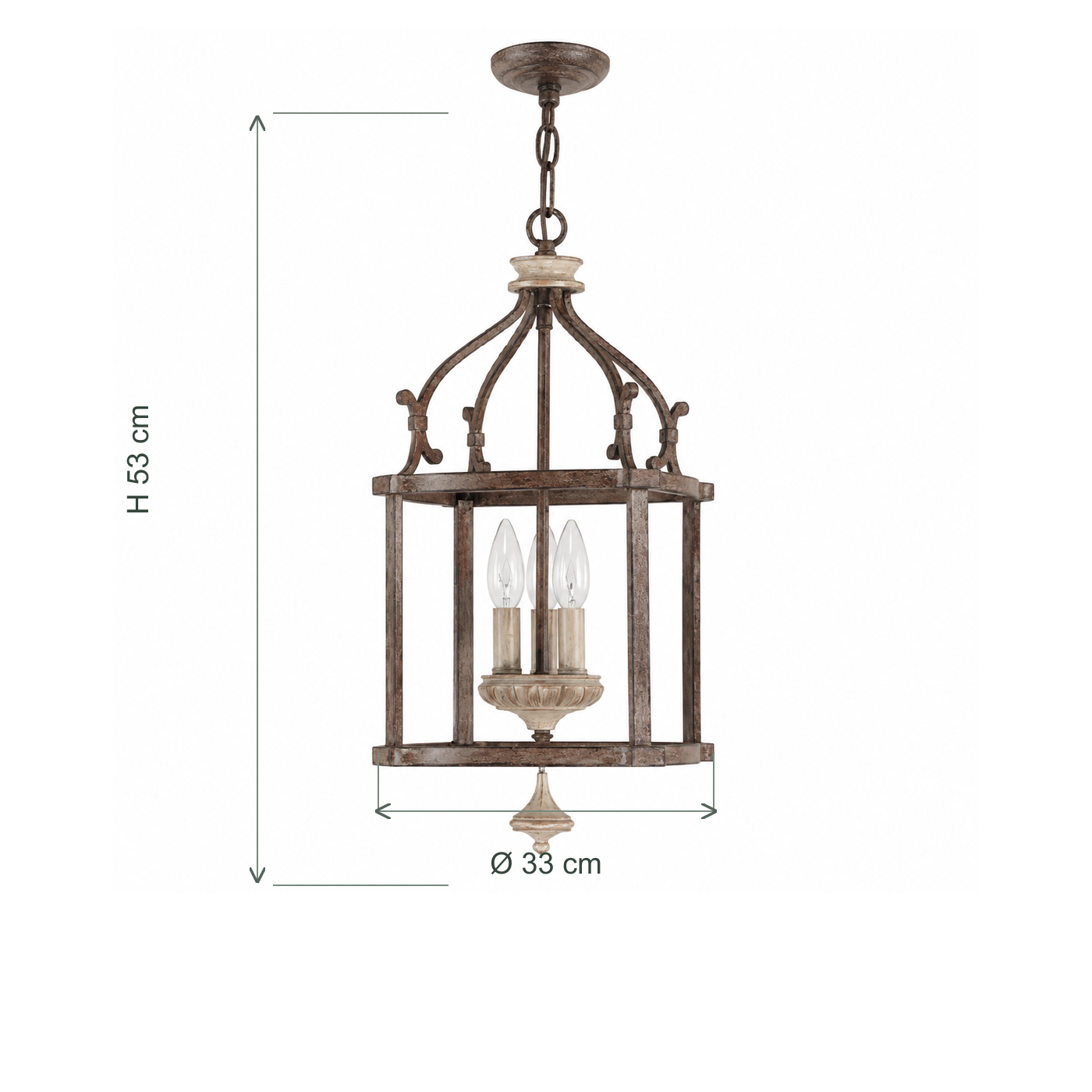 Dimensiones del colgante de jaula de pájaros de hierro: 33 cm de diámetro y 53 cm de altura total.