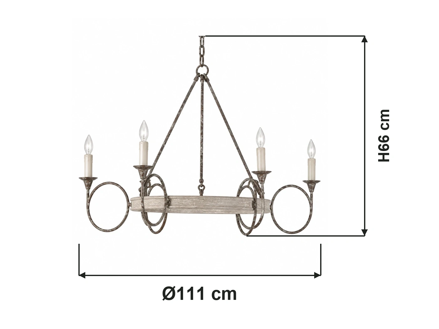 Dimensions vérifiées du lustre à 6 lumières : diamètre 111 cm et hauteur 66 cm